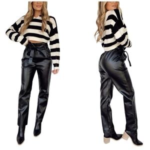 Le Lis Faux Vegan Leather Paper Bag High Rise Straight Leg Ankle Length Trouser